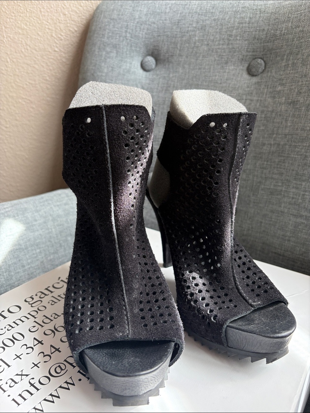 Pedro Garcia size 37 1/2 Black Suede Peep-Toe High Heel Booties